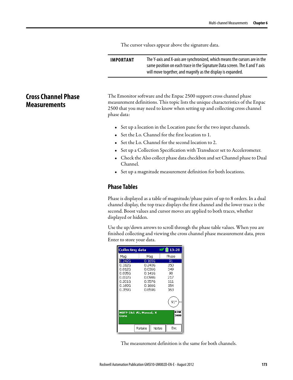 Cross channel phase measurements, Phase tables | Rockwell Automation 1441-PEN25-Z Enpac 2500 Data Collector User Manual | Page 173 / 332