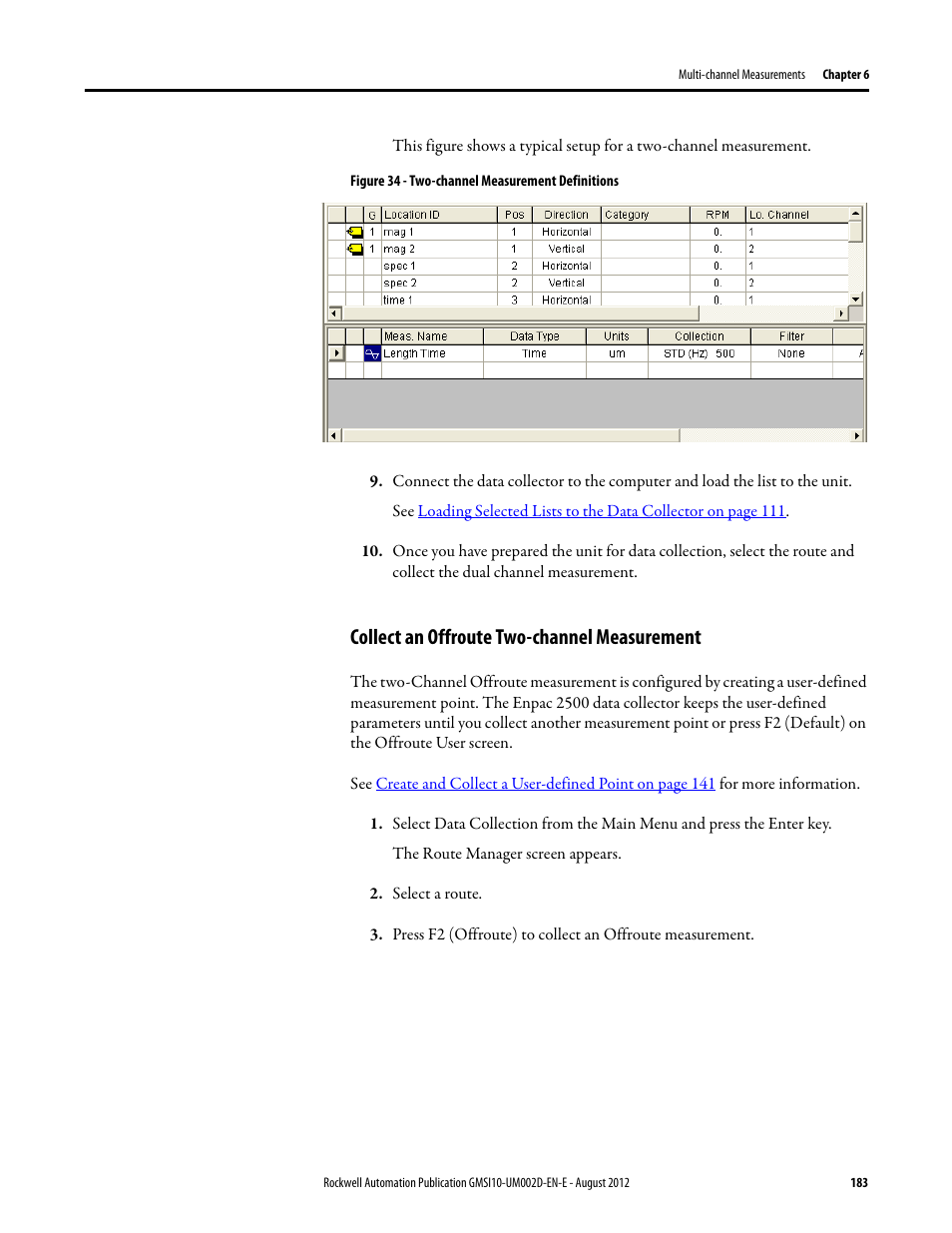 Collect an offroute two-channel measurement | Rockwell Automation 1441-PEN25-Z Enpac 2500 Data Collector User Manual | Page 183 / 332