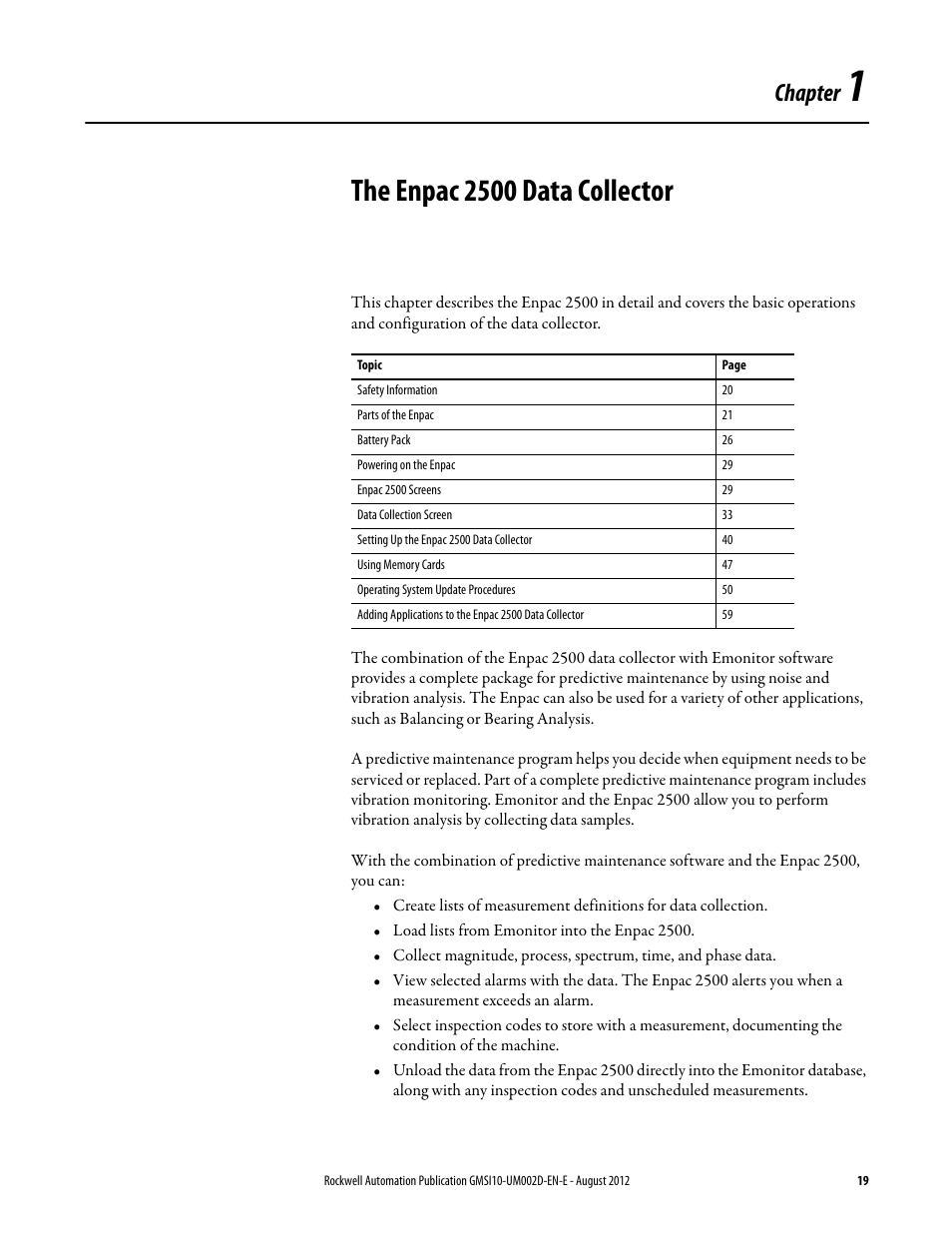 The enpac 2500 data collector, Chapter 1, Chapter | Rockwell Automation 1441-PEN25-Z Enpac 2500 Data Collector User Manual | Page 19 / 332