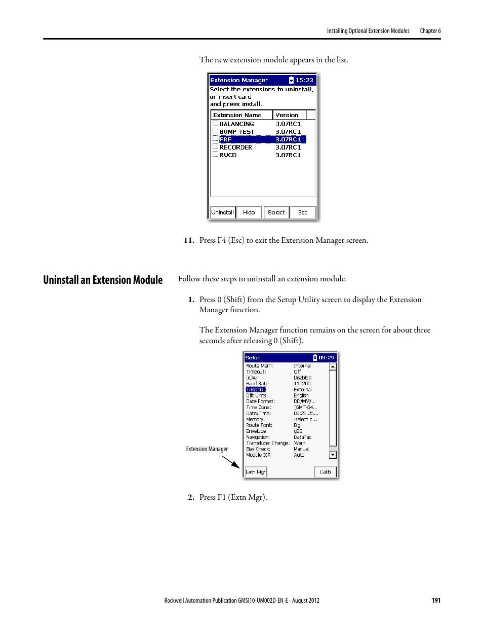 Uninstall an extension module | Rockwell Automation 1441-PEN25-Z Enpac 2500 Data Collector User Manual | Page 191 / 332
