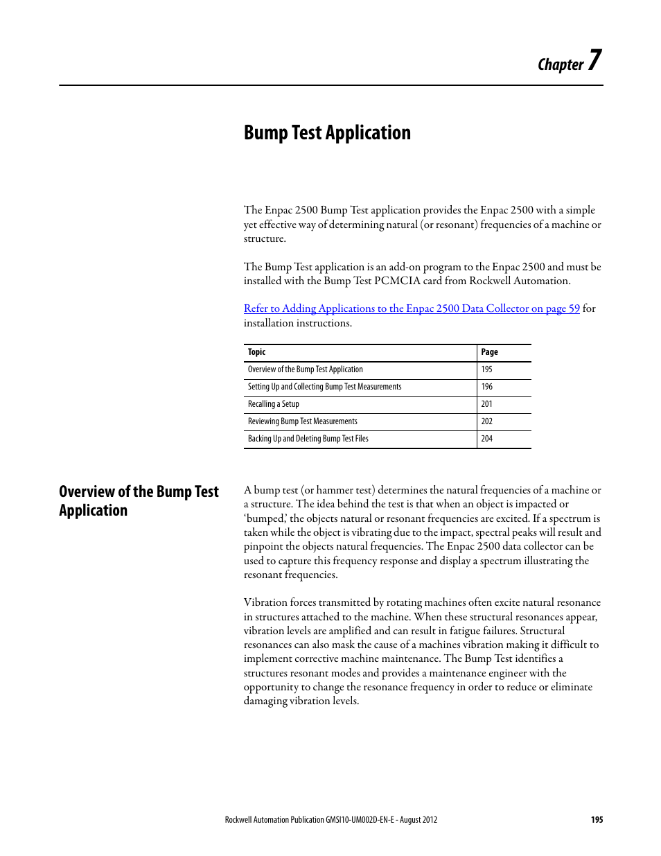 Bump test application, Overview of the bump test application, Chapter 7 | Chapter | Rockwell Automation 1441-PEN25-Z Enpac 2500 Data Collector User Manual | Page 195 / 332