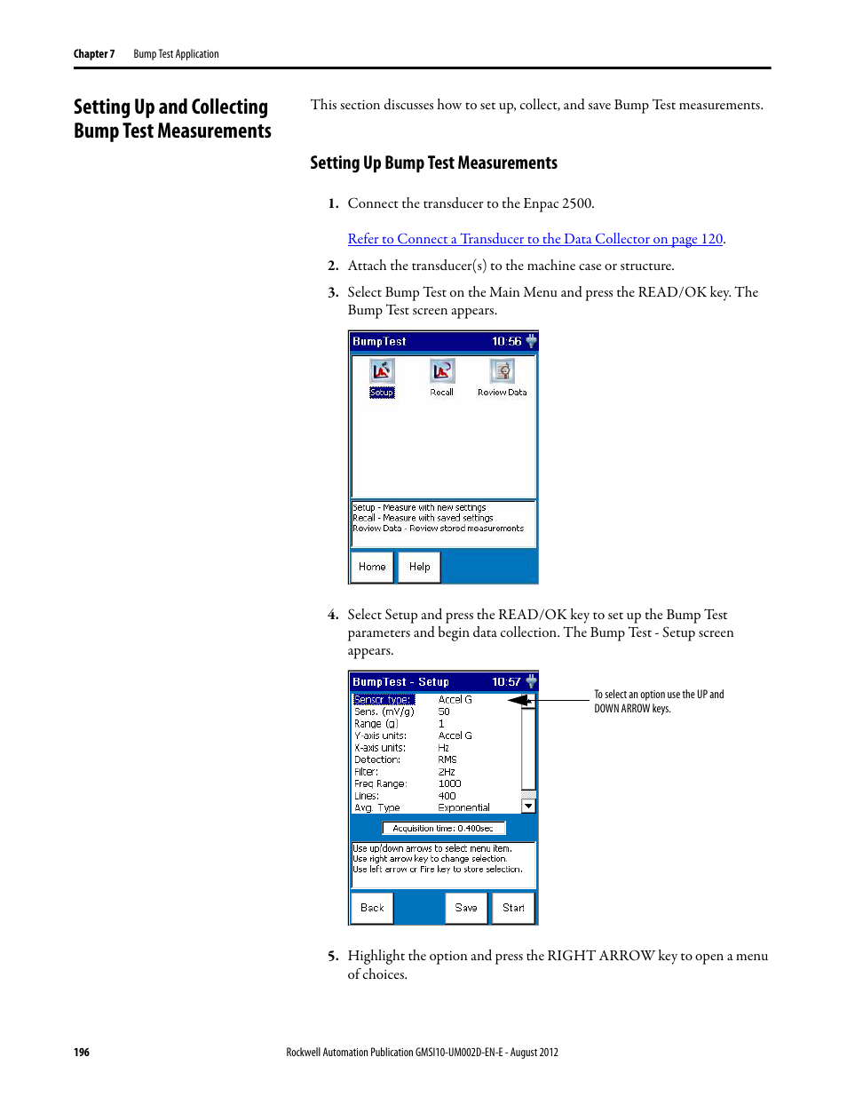 Setting up and collecting bump test measurements, Setting up bump test measurements | Rockwell Automation 1441-PEN25-Z Enpac 2500 Data Collector User Manual | Page 196 / 332