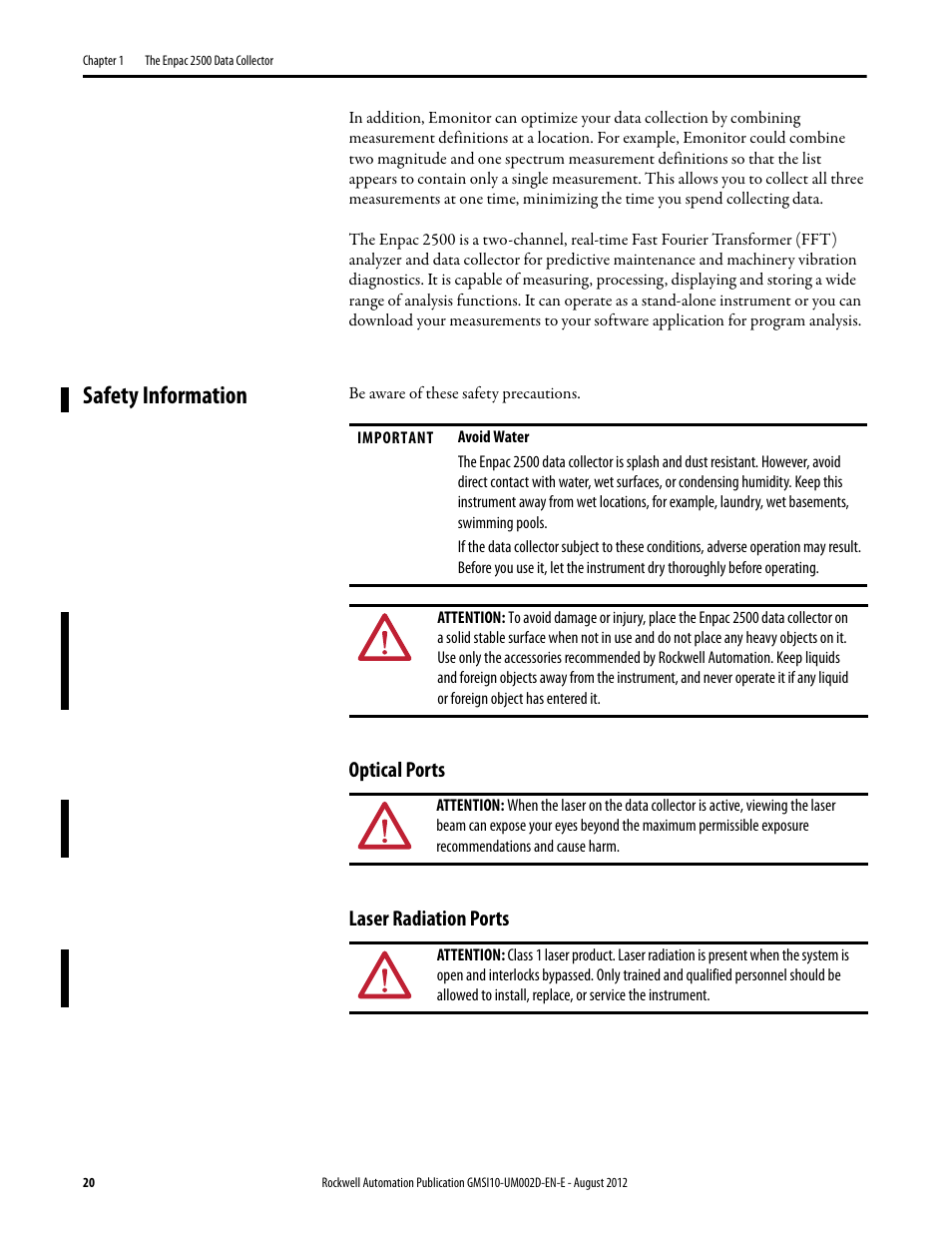 Safety information, Optical ports, Laser radiation ports | Optical ports laser radiation ports | Rockwell Automation 1441-PEN25-Z Enpac 2500 Data Collector User Manual | Page 20 / 332