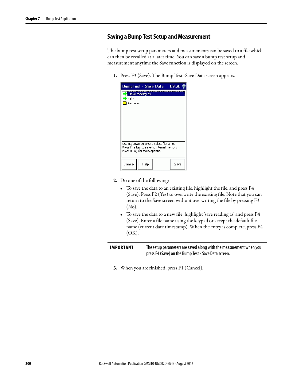 Saving a bump test setup and measurement | Rockwell Automation 1441-PEN25-Z Enpac 2500 Data Collector User Manual | Page 200 / 332