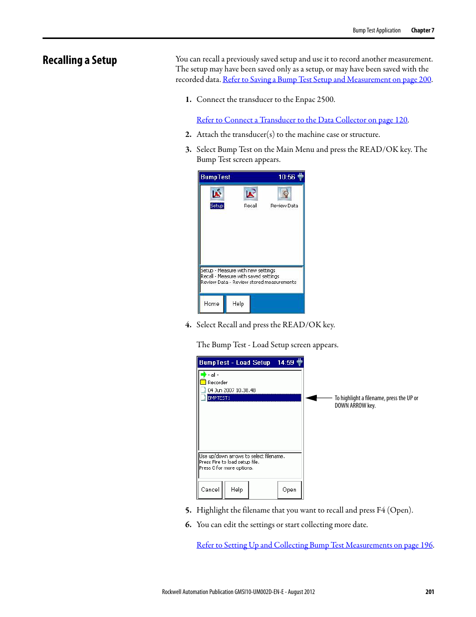 Recalling a setup | Rockwell Automation 1441-PEN25-Z Enpac 2500 Data Collector User Manual | Page 201 / 332