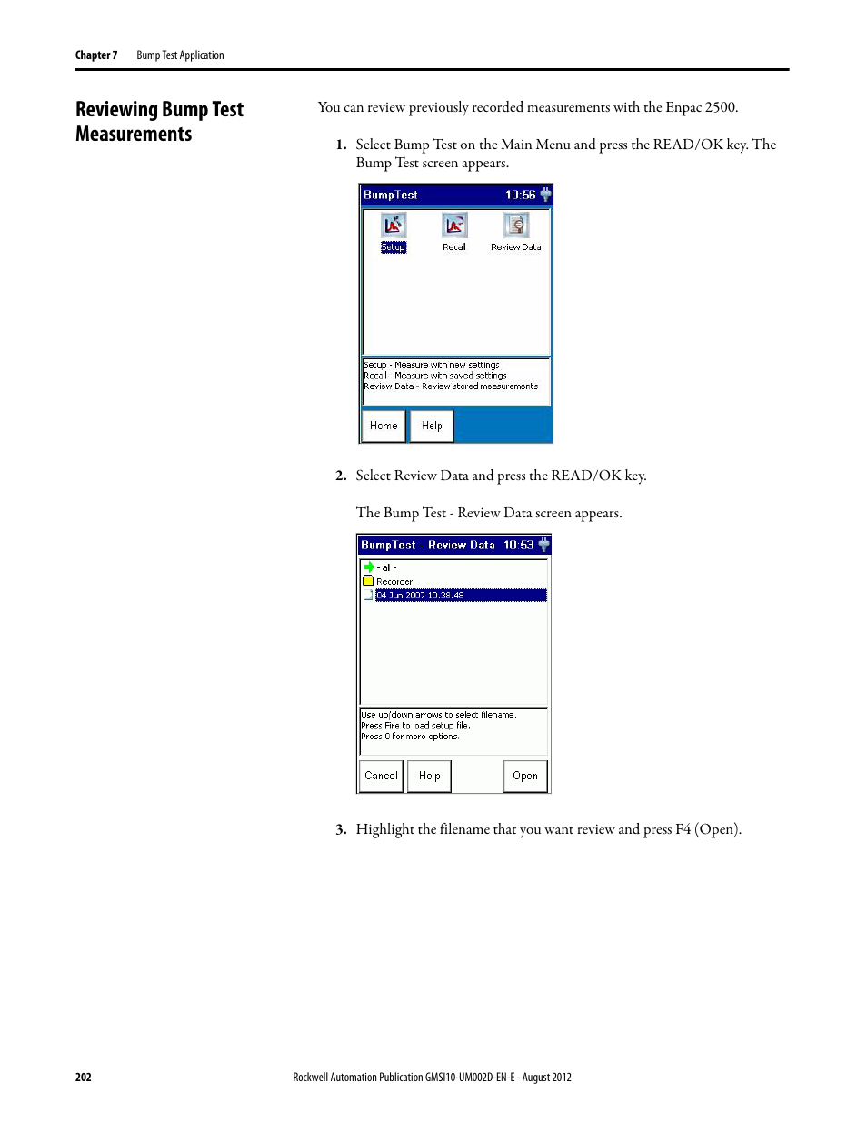 Reviewing bump test measurements | Rockwell Automation 1441-PEN25-Z Enpac 2500 Data Collector User Manual | Page 202 / 332