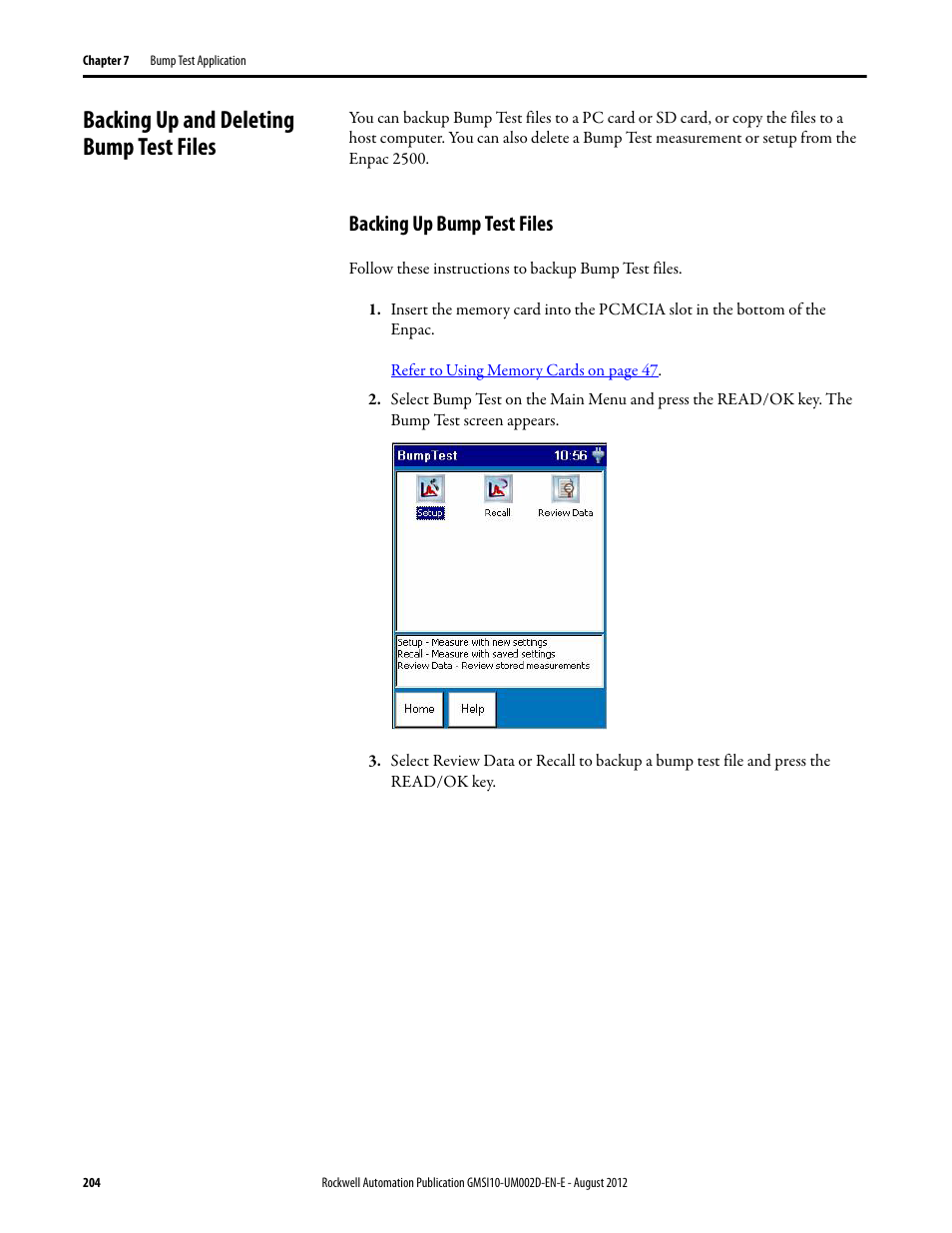 Backing up and deleting bump test files, Backing up bump test files | Rockwell Automation 1441-PEN25-Z Enpac 2500 Data Collector User Manual | Page 204 / 332