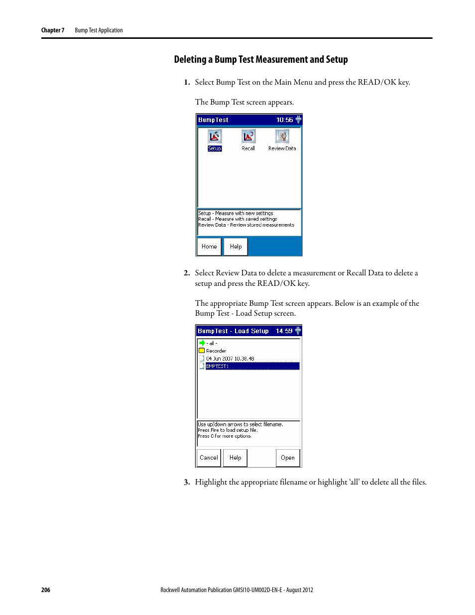 Deleting a bump test measurement and setup | Rockwell Automation 1441-PEN25-Z Enpac 2500 Data Collector User Manual | Page 206 / 332