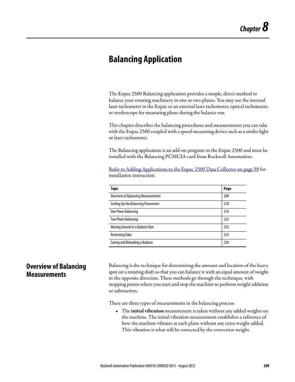 Balancing application, Overview of balancing measurements, Chapter 8 | Chapter | Rockwell Automation 1441-PEN25-Z Enpac 2500 Data Collector User Manual | Page 209 / 332