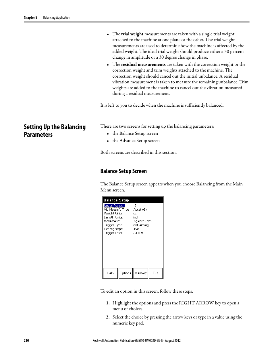 Setting up the balancing parameters, Balance setup screen | Rockwell Automation 1441-PEN25-Z Enpac 2500 Data Collector User Manual | Page 210 / 332