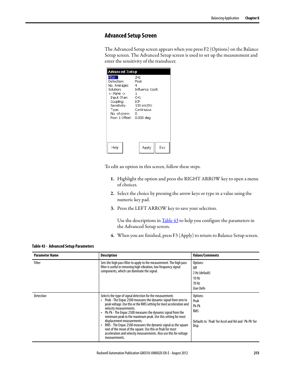 Advanced setup screen | Rockwell Automation 1441-PEN25-Z Enpac 2500 Data Collector User Manual | Page 213 / 332