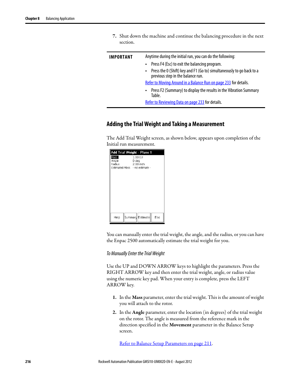 Adding the trial weight and taking a measurement | Rockwell Automation 1441-PEN25-Z Enpac 2500 Data Collector User Manual | Page 216 / 332
