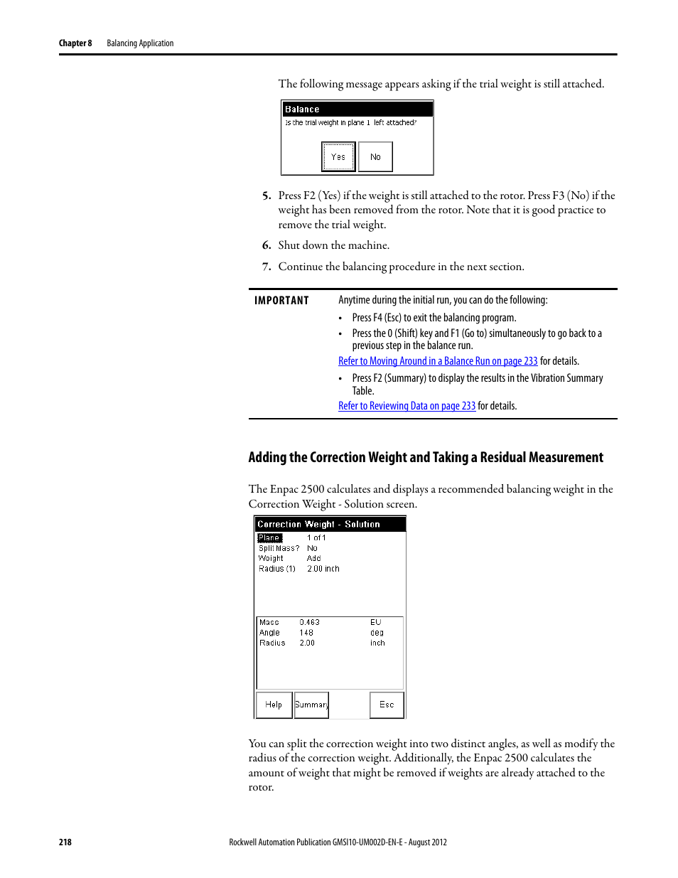 Adding the correction weight and taking a, Residual measurement | Rockwell Automation 1441-PEN25-Z Enpac 2500 Data Collector User Manual | Page 218 / 332