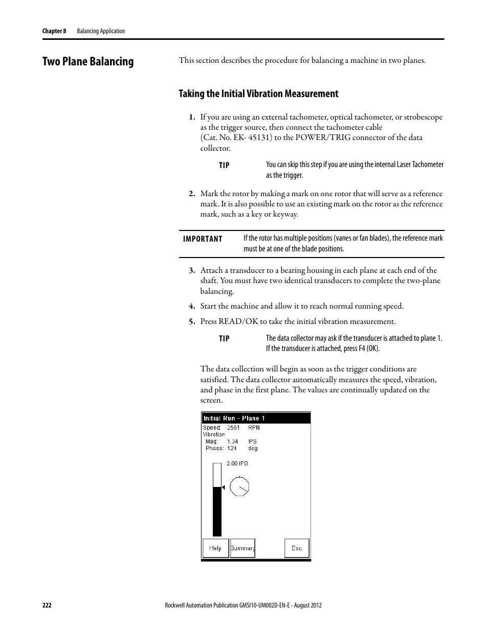 Two plane balancing, Taking the initial vibration measurement | Rockwell Automation 1441-PEN25-Z Enpac 2500 Data Collector User Manual | Page 222 / 332