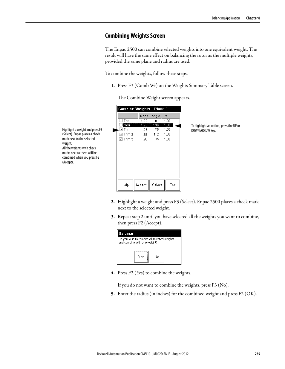 Combining weights screen | Rockwell Automation 1441-PEN25-Z Enpac 2500 Data Collector User Manual | Page 235 / 332