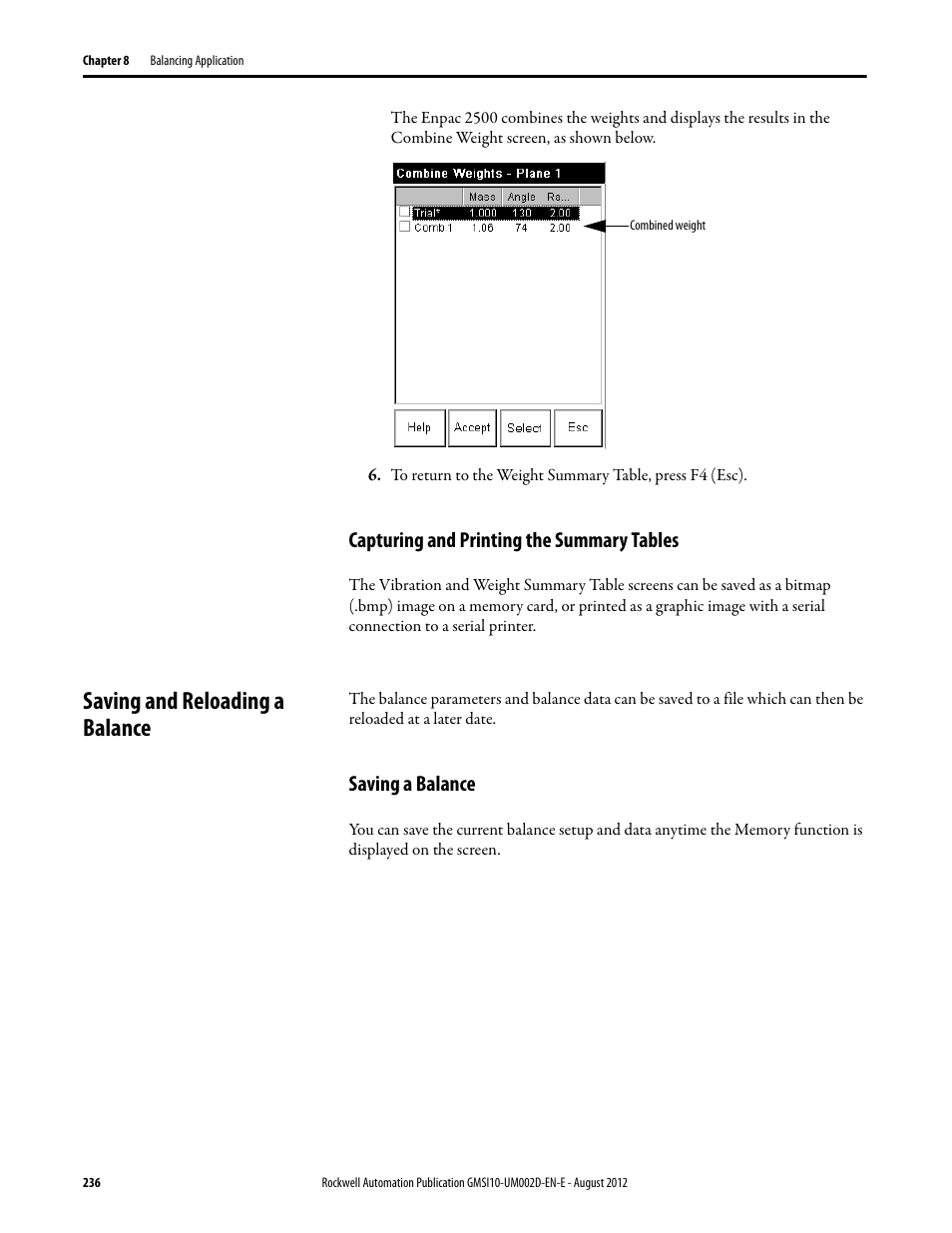 Capturing and printing the summary tables, Saving and reloading a balance, Saving a balance | Rockwell Automation 1441-PEN25-Z Enpac 2500 Data Collector User Manual | Page 236 / 332