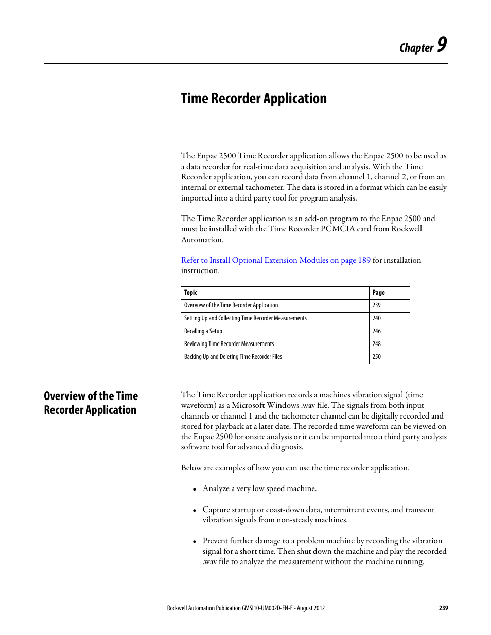 Time recorder application, Overview of the time recorder application, Chapter 9 | Chapter | Rockwell Automation 1441-PEN25-Z Enpac 2500 Data Collector User Manual | Page 239 / 332
