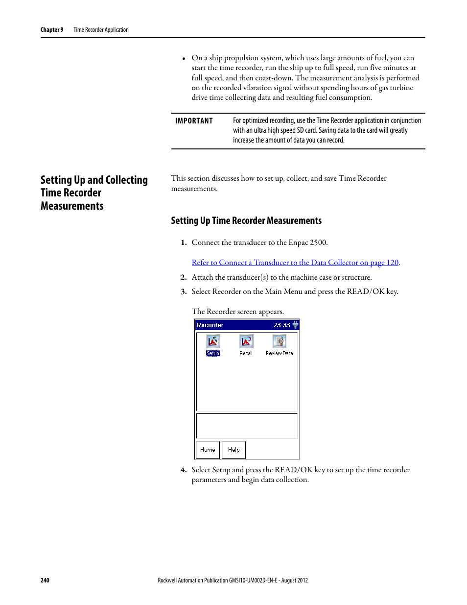 Setting up time recorder measurements | Rockwell Automation 1441-PEN25-Z Enpac 2500 Data Collector User Manual | Page 240 / 332