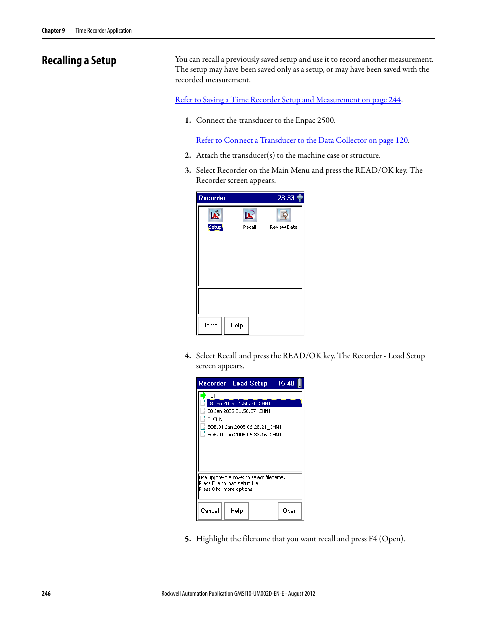 Recalling a setup | Rockwell Automation 1441-PEN25-Z Enpac 2500 Data Collector User Manual | Page 246 / 332