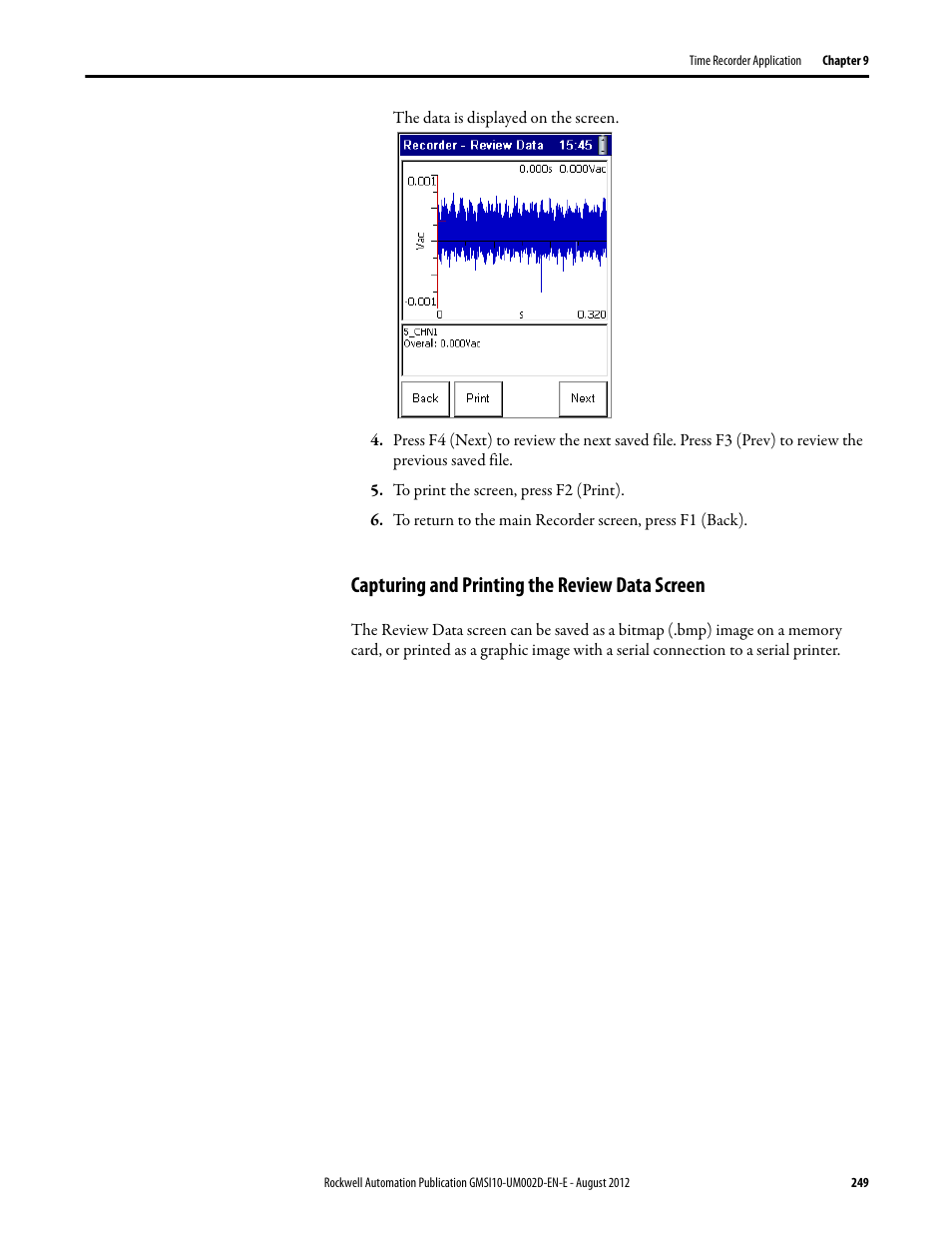 Capturing and printing the review data screen | Rockwell Automation 1441-PEN25-Z Enpac 2500 Data Collector User Manual | Page 249 / 332