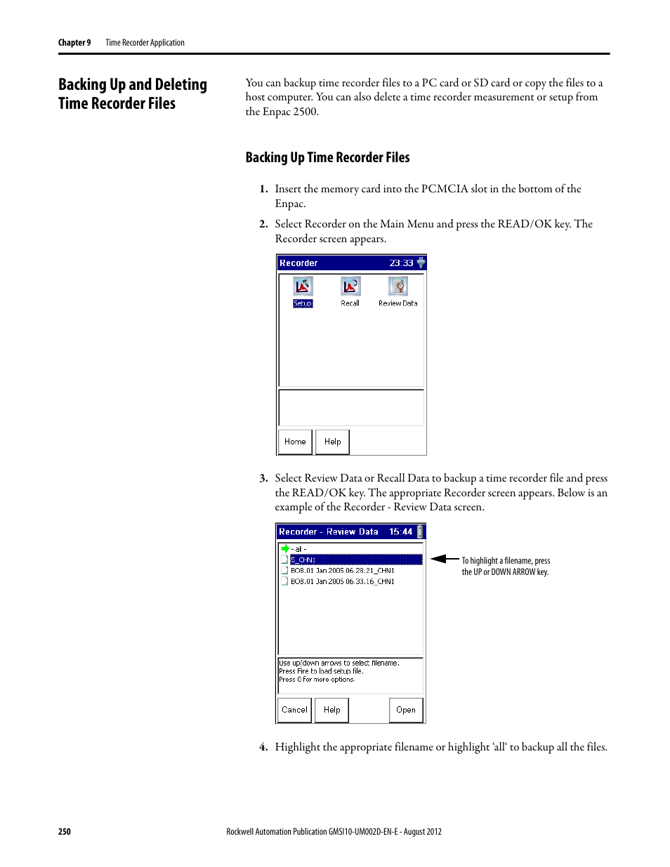 Backing up and deleting time recorder files, Backing up time recorder files | Rockwell Automation 1441-PEN25-Z Enpac 2500 Data Collector User Manual | Page 250 / 332