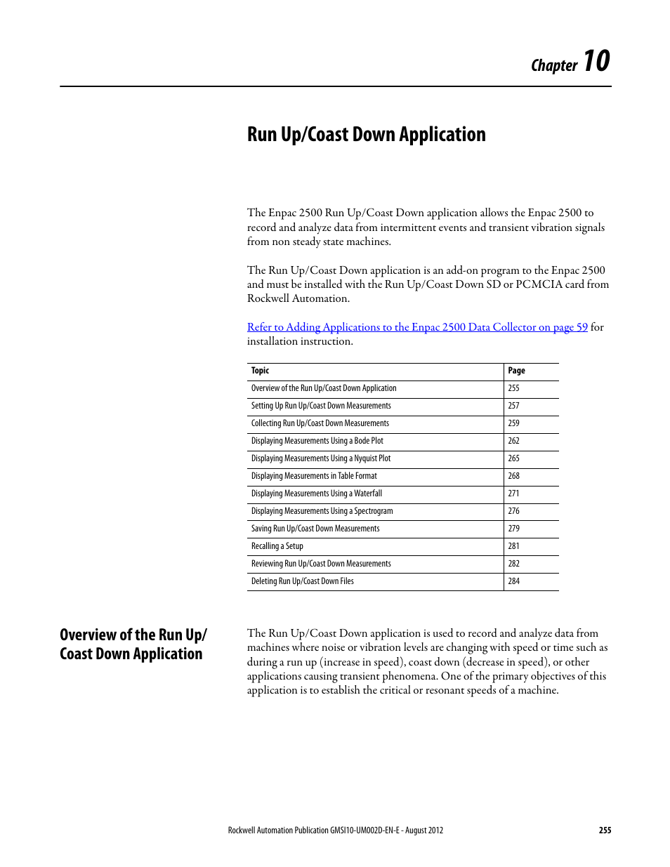 Run up/coast down application, Overview of the run up/ coast down application, Chapter 10 | Overview of the run up/coast down application, Chapter | Rockwell Automation 1441-PEN25-Z Enpac 2500 Data Collector User Manual | Page 255 / 332