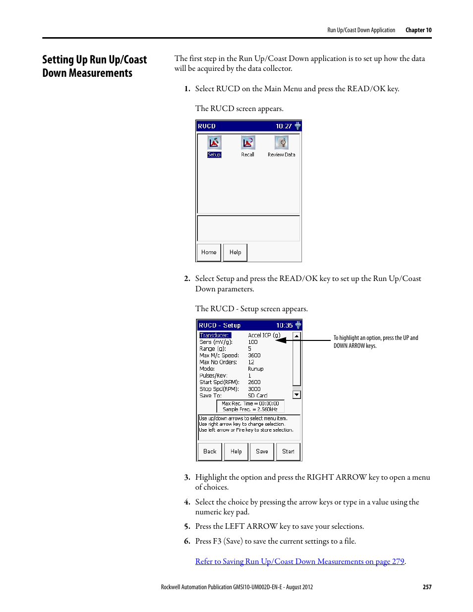 Setting up run up/coast down measurements | Rockwell Automation 1441-PEN25-Z Enpac 2500 Data Collector User Manual | Page 257 / 332
