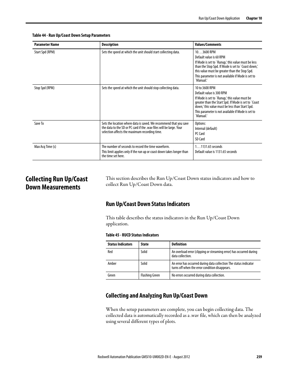 Collecting run up/coast down measurements, Run up/coast down status indicators, Collecting and analyzing run up/coast down | Rockwell Automation 1441-PEN25-Z Enpac 2500 Data Collector User Manual | Page 259 / 332
