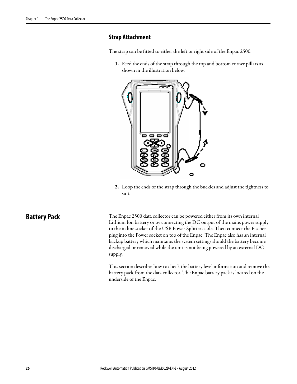 Strap attachment, Battery pack | Rockwell Automation 1441-PEN25-Z Enpac 2500 Data Collector User Manual | Page 26 / 332