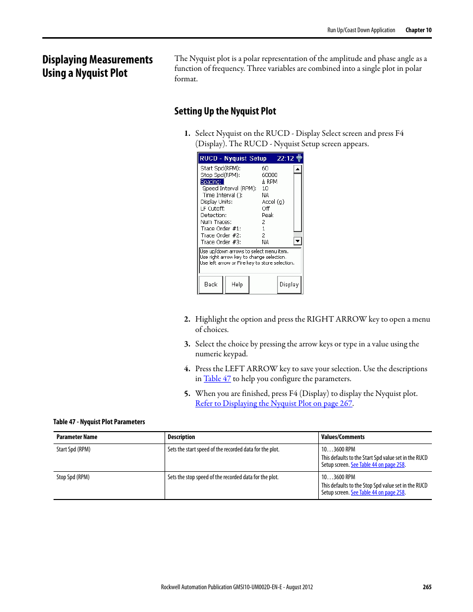 Displaying measurements using a nyquist plot, Setting up the nyquist plot, Refer | Rockwell Automation 1441-PEN25-Z Enpac 2500 Data Collector User Manual | Page 265 / 332
