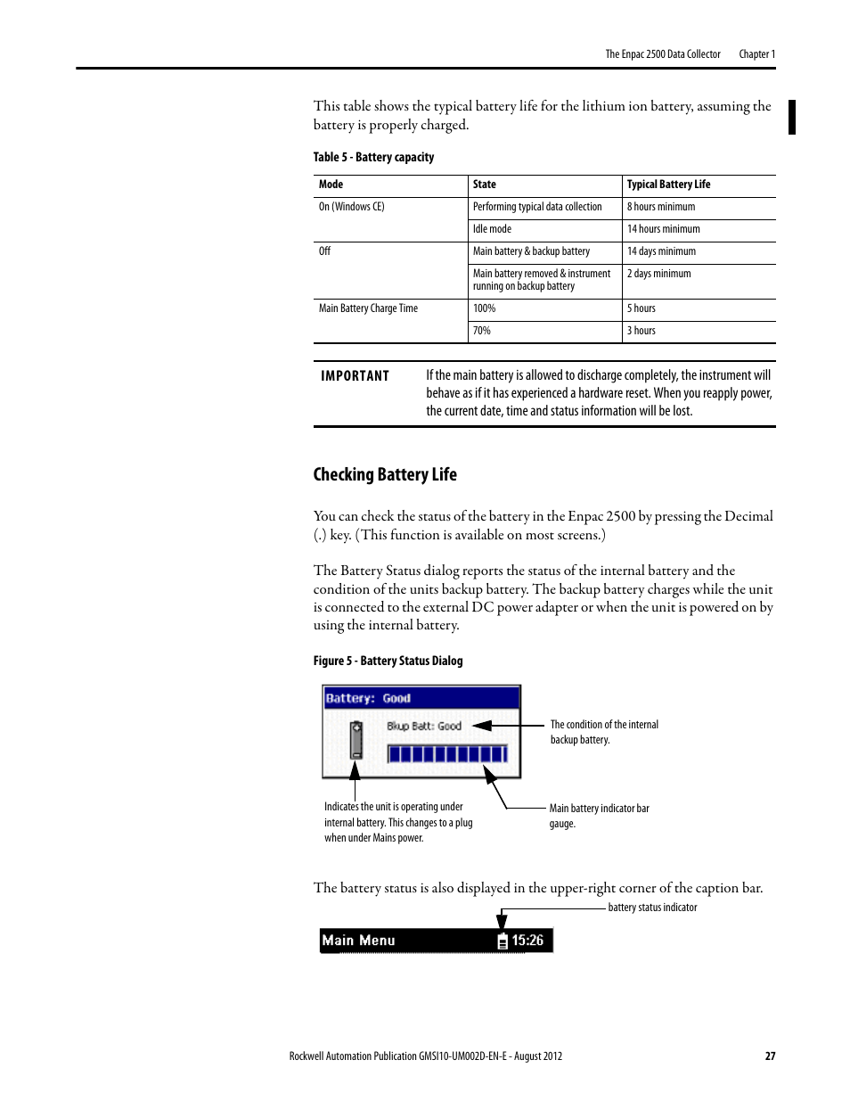 Checking battery life | Rockwell Automation 1441-PEN25-Z Enpac 2500 Data Collector User Manual | Page 27 / 332