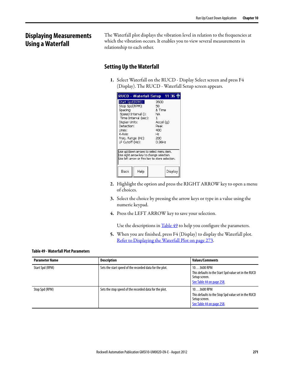 Displaying measurements using a waterfall, Setting up the waterfall, Le plot | Rockwell Automation 1441-PEN25-Z Enpac 2500 Data Collector User Manual | Page 271 / 332