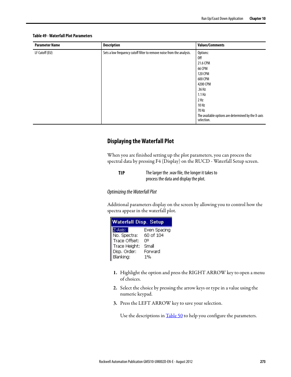 Displaying the waterfall plot | Rockwell Automation 1441-PEN25-Z Enpac 2500 Data Collector User Manual | Page 273 / 332