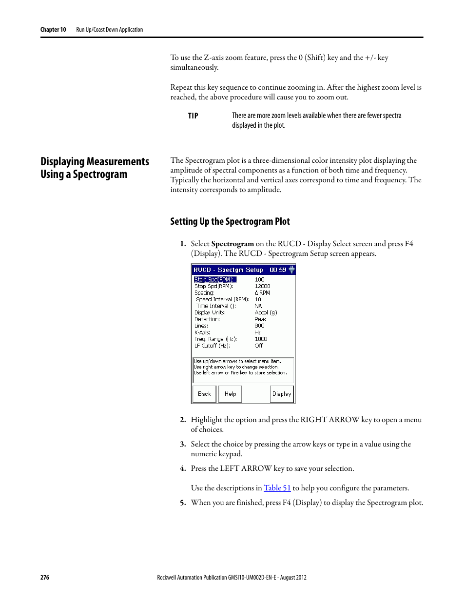 Displaying measurements using a spectrogram, Setting up the spectrogram plot, Refer to displaying measurements | Rockwell Automation 1441-PEN25-Z Enpac 2500 Data Collector User Manual | Page 276 / 332