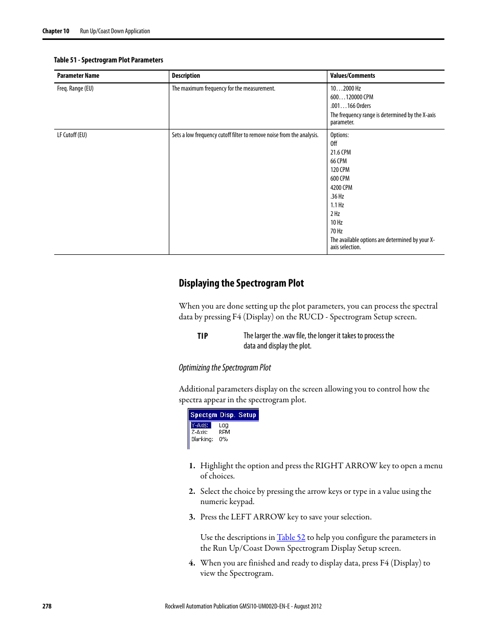 Displaying the spectrogram plot | Rockwell Automation 1441-PEN25-Z Enpac 2500 Data Collector User Manual | Page 278 / 332