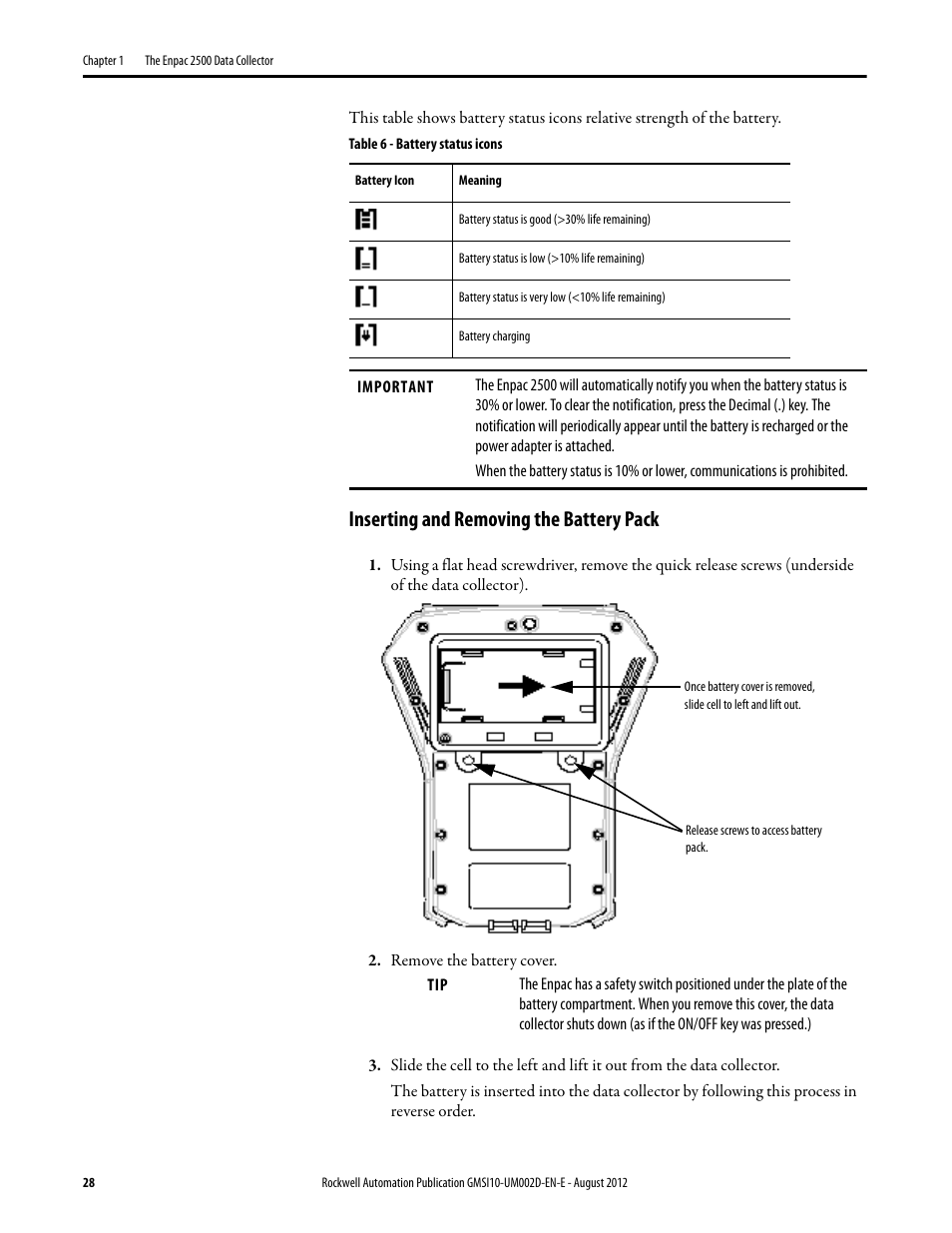 Inserting and removing the battery pack | Rockwell Automation 1441-PEN25-Z Enpac 2500 Data Collector User Manual | Page 28 / 332