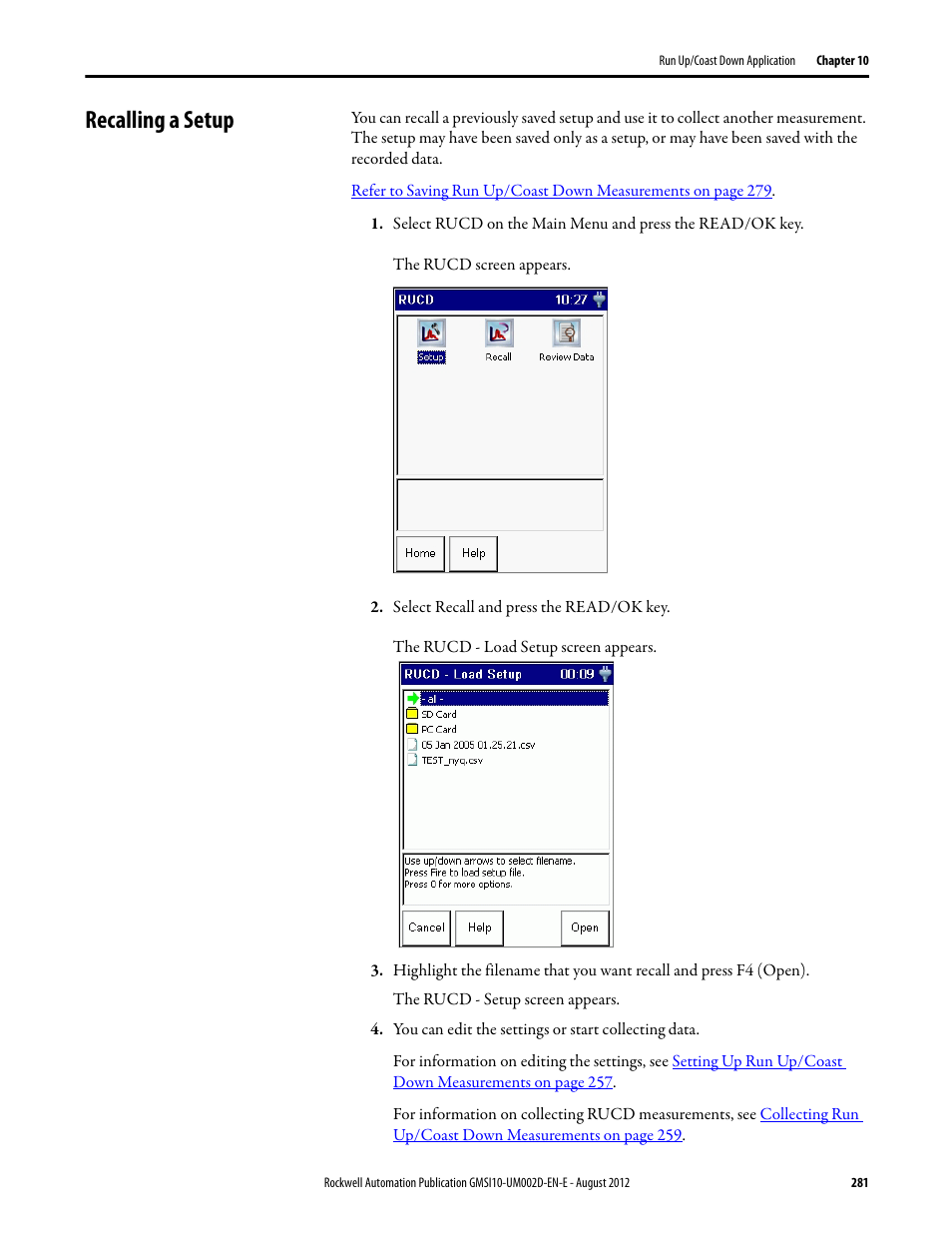Recalling a setup | Rockwell Automation 1441-PEN25-Z Enpac 2500 Data Collector User Manual | Page 281 / 332
