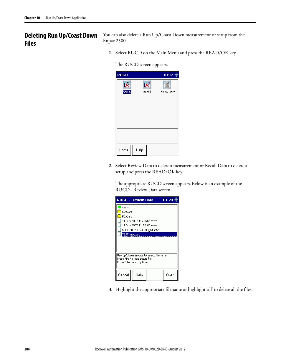 Deleting run up/coast down files | Rockwell Automation 1441-PEN25-Z Enpac 2500 Data Collector User Manual | Page 284 / 332