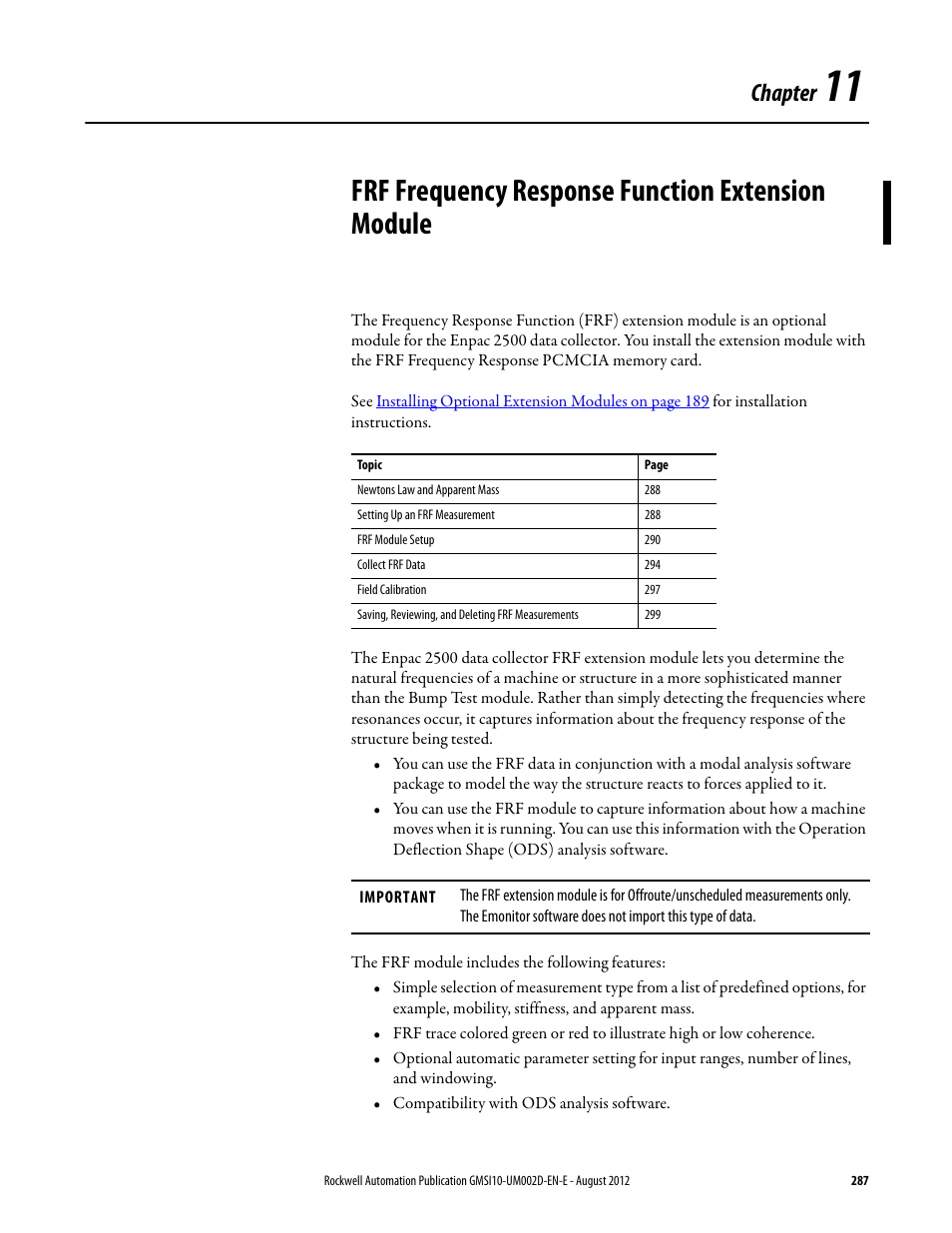 Frf frequency response function extension module, Chapter 11, Chapter | Rockwell Automation 1441-PEN25-Z Enpac 2500 Data Collector User Manual | Page 287 / 332