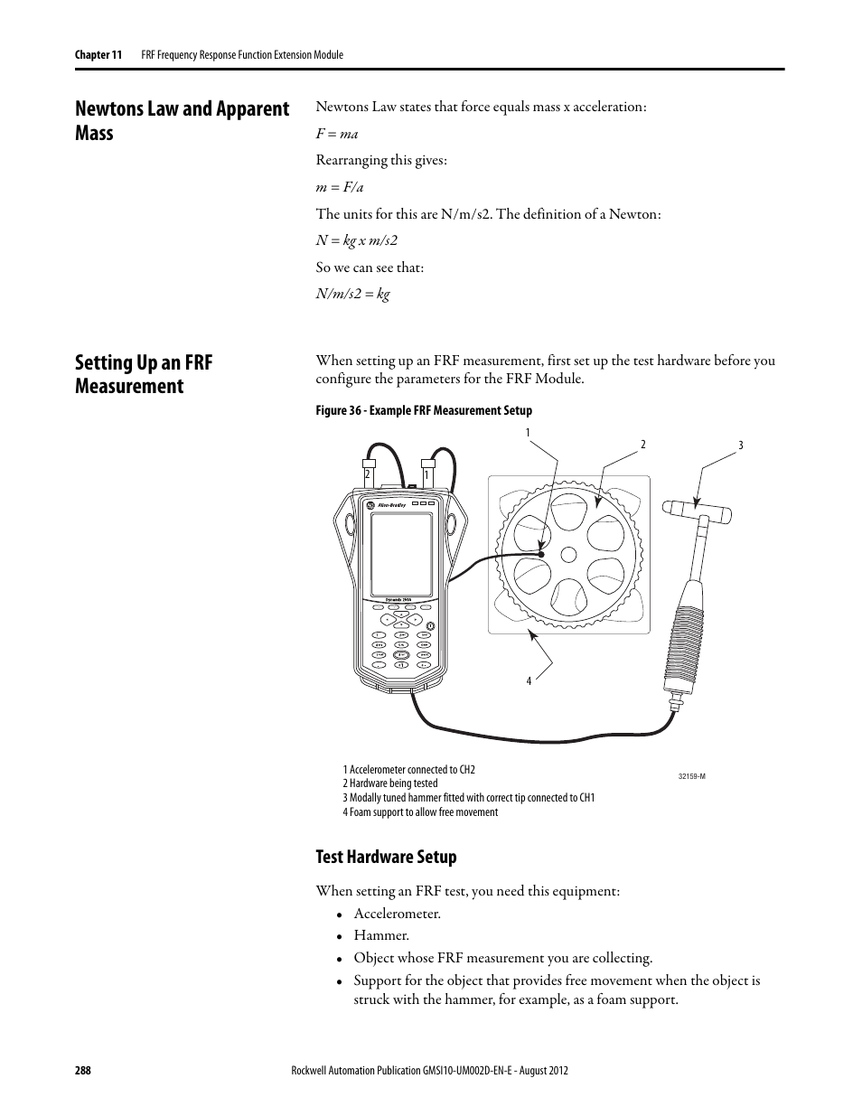 Newtons law and apparent mass, Setting up an frf measurement, Test hardware setup | Rockwell Automation 1441-PEN25-Z Enpac 2500 Data Collector User Manual | Page 288 / 332