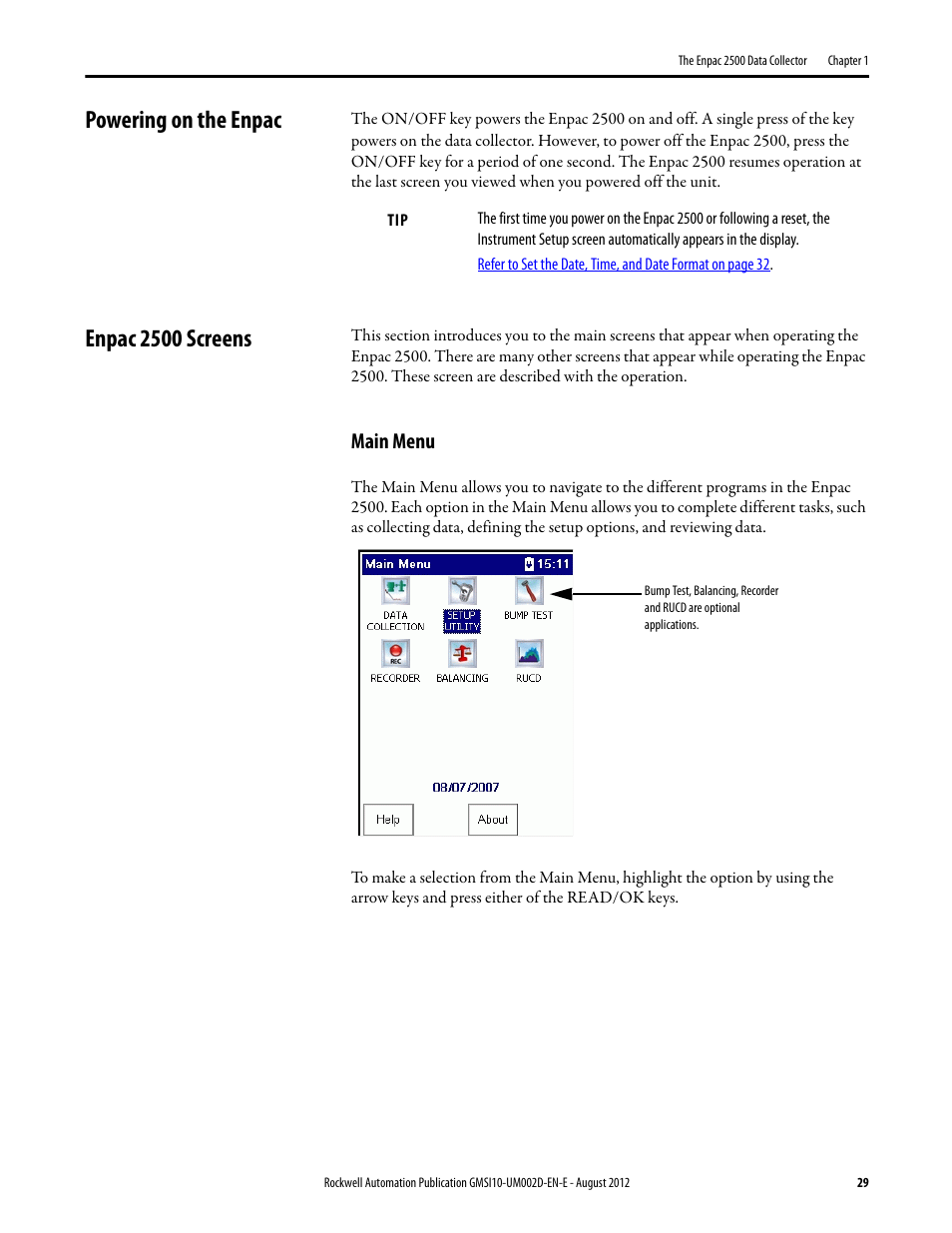 Powering on the enpac, Enpac 2500 screens, Main menu | Powering on the enpac enpac 2500 screens | Rockwell Automation 1441-PEN25-Z Enpac 2500 Data Collector User Manual | Page 29 / 332