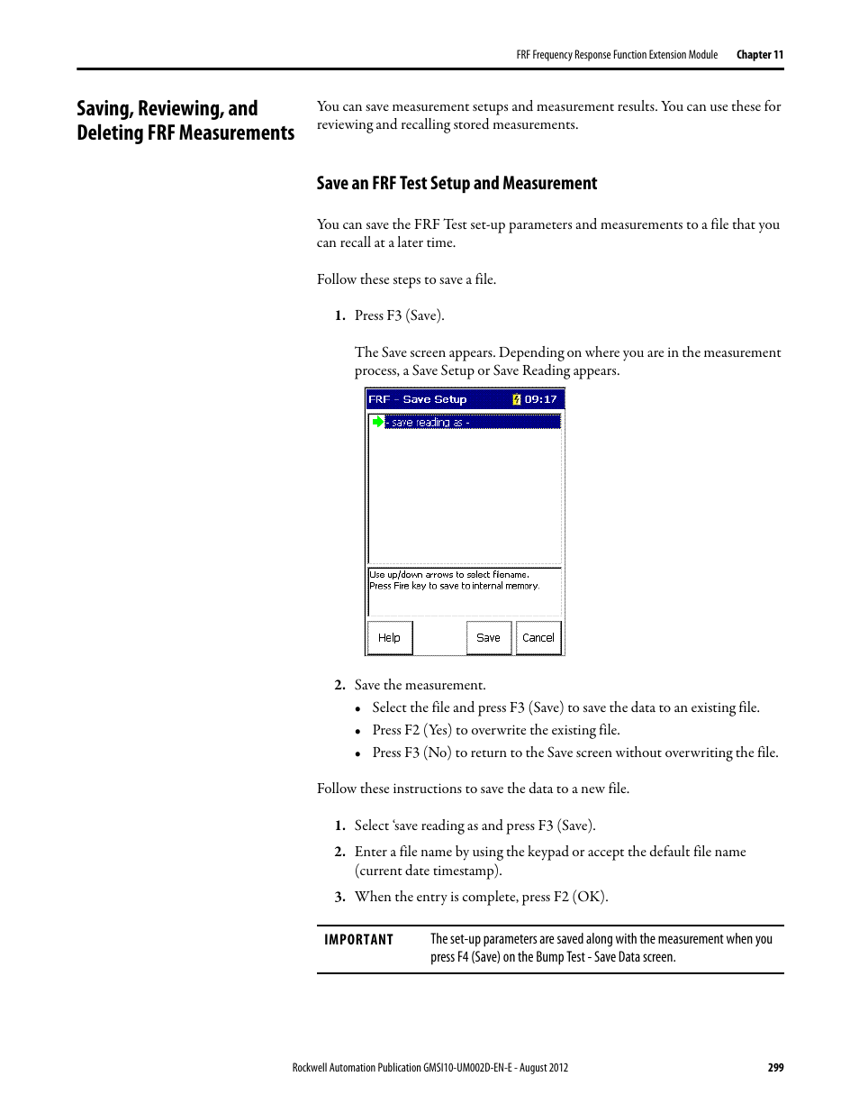 Saving, reviewing, and deleting frf measurements, Save an frf test setup and measurement | Rockwell Automation 1441-PEN25-Z Enpac 2500 Data Collector User Manual | Page 299 / 332