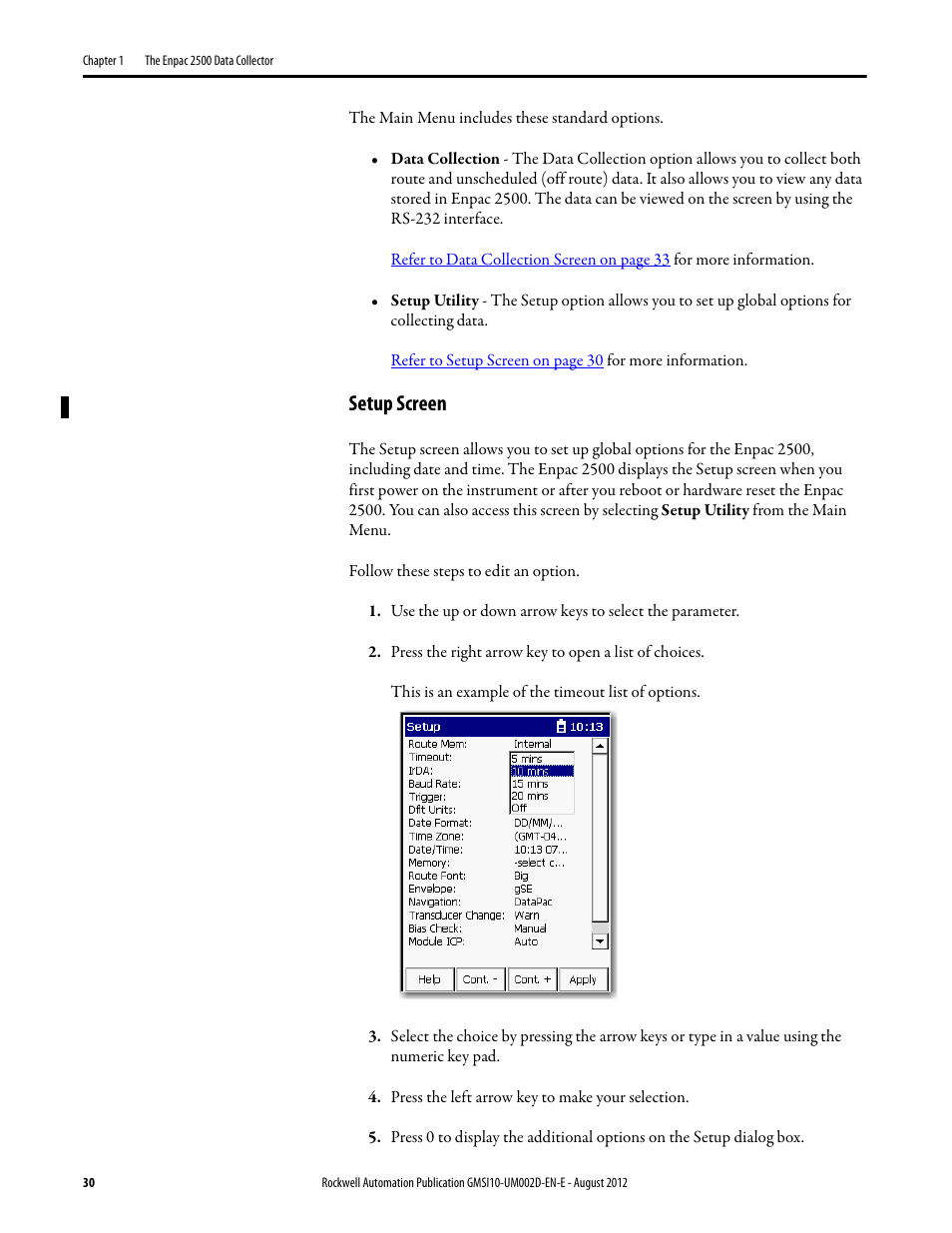 Setup screen | Rockwell Automation 1441-PEN25-Z Enpac 2500 Data Collector User Manual | Page 30 / 332