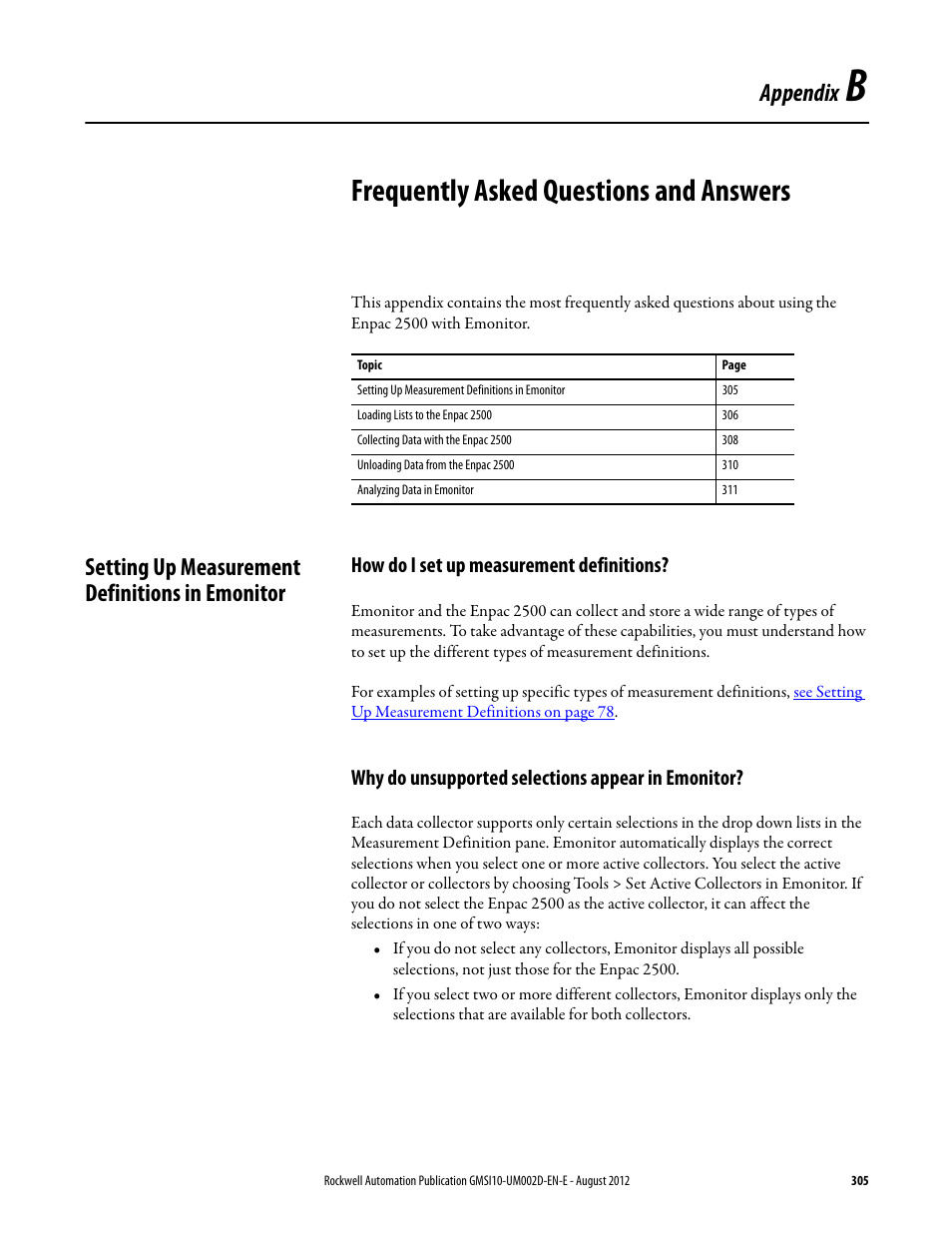 Frequently asked questions and answers, Setting up measurement definitions in emonitor, How do i set up measurement definitions | Why do unsupported selections appear in emonitor, Appendix b, Appendix | Rockwell Automation 1441-PEN25-Z Enpac 2500 Data Collector User Manual | Page 305 / 332