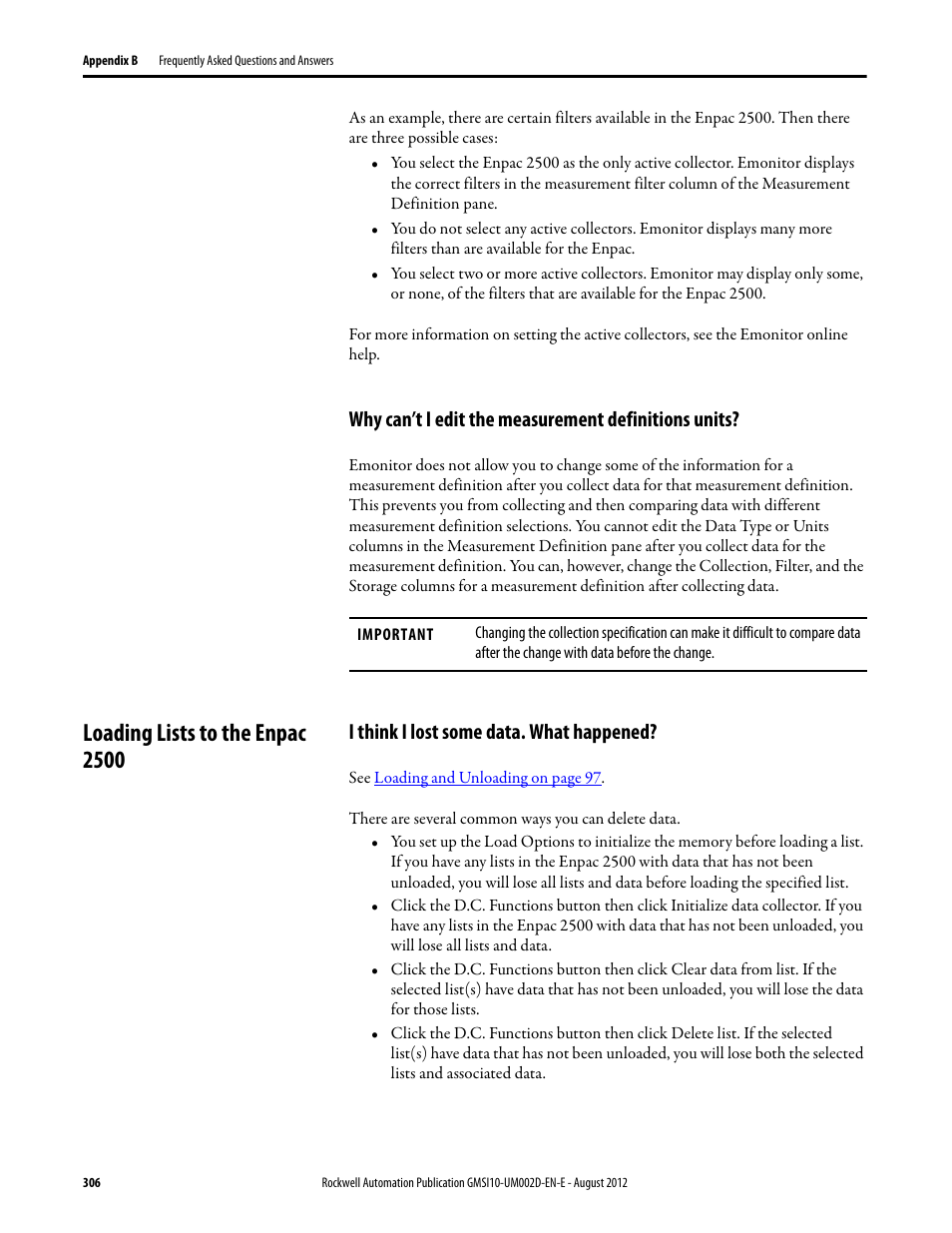 Why can’t i edit the measurement definitions units, Loading lists to the enpac 2500, I think i lost some data. what happened | Rockwell Automation 1441-PEN25-Z Enpac 2500 Data Collector User Manual | Page 306 / 332