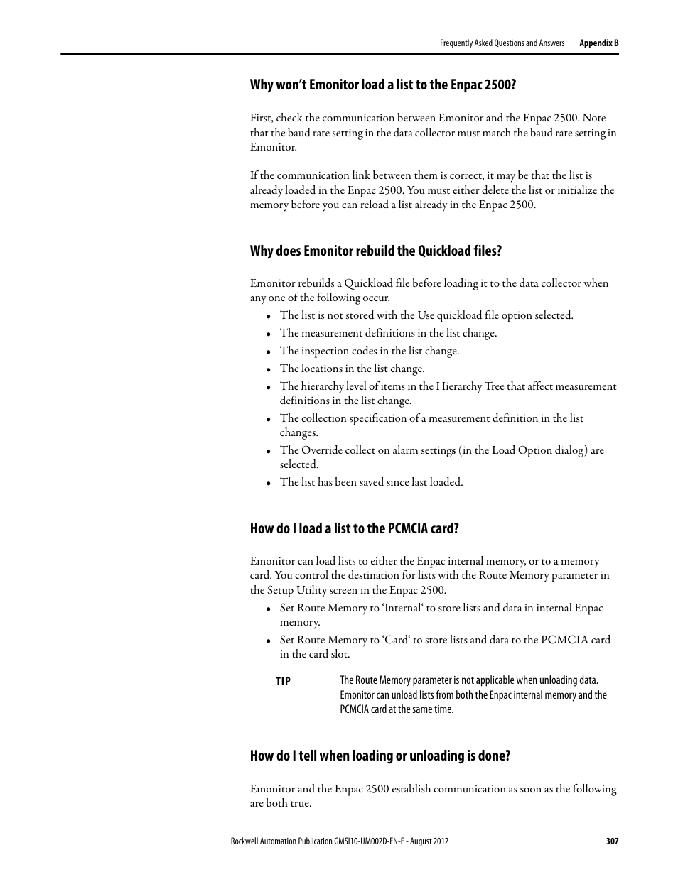 Why won’t emonitor load a list to the enpac 2500, Why does emonitor rebuild the quickload files, How do i load a list to the pcmcia card | How do i tell when loading or unloading is done | Rockwell Automation 1441-PEN25-Z Enpac 2500 Data Collector User Manual | Page 307 / 332
