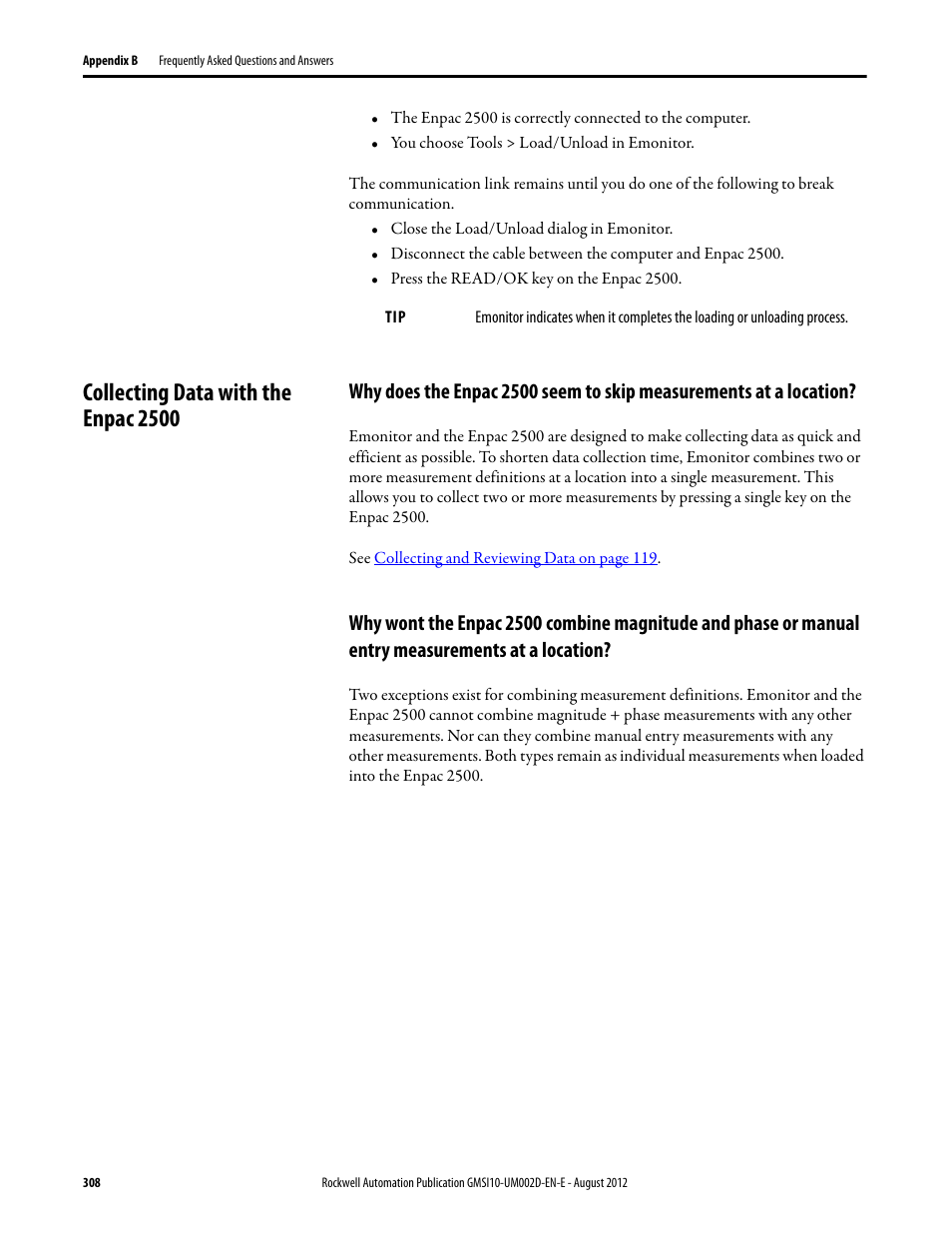 Collecting data with the enpac 2500, Why does the enpac 2500 seem to skip, Measurements at a location | Why wont the enpac 2500 combine magnitude and, Phase or manual entry measurements at a location | Rockwell Automation 1441-PEN25-Z Enpac 2500 Data Collector User Manual | Page 308 / 332