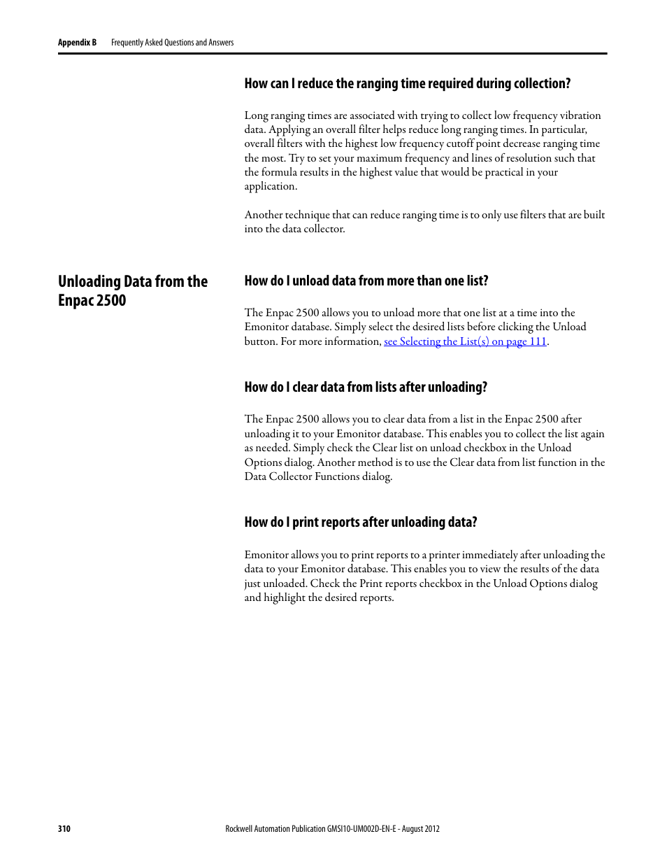 Unloading data from the enpac 2500, How do i unload data from more than one list, How do i clear data from lists after unloading | How do i print reports after unloading data | Rockwell Automation 1441-PEN25-Z Enpac 2500 Data Collector User Manual | Page 310 / 332