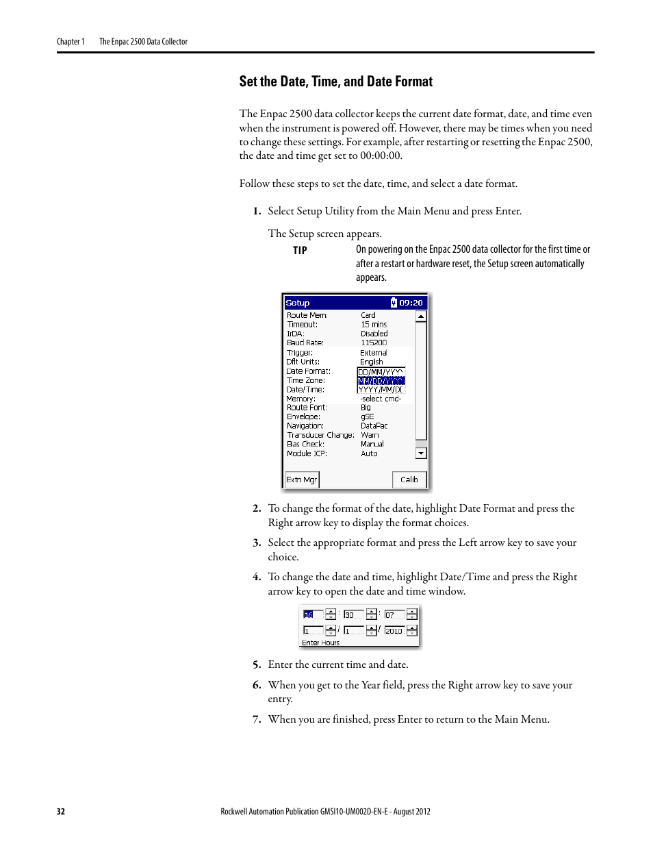 Set the date, time, and date format | Rockwell Automation 1441-PEN25-Z Enpac 2500 Data Collector User Manual | Page 32 / 332