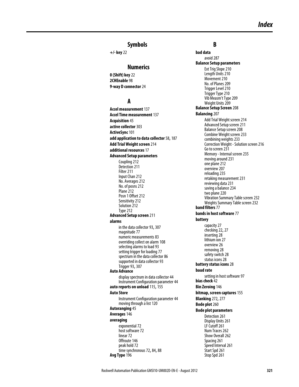 Index, Symbols, Numerics | Rockwell Automation 1441-PEN25-Z Enpac 2500 Data Collector User Manual | Page 321 / 332